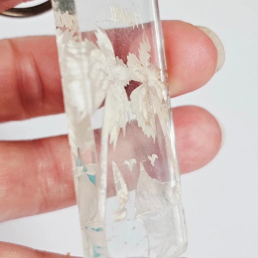 Vintage‎ Hawaii Keychain Clear Etched Acrylic Palm Trees Sailboat Retro Souvenir